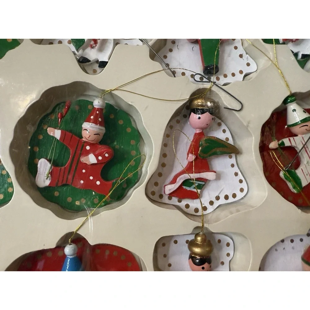 Vintage Christmas 12 Wooden Ornaments Hand Made Hand Painted 3-4